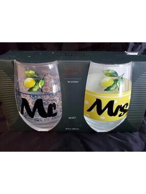 Savor And Celebrate,Mr & Mrs Lemon Stemless Wine Glasses,new